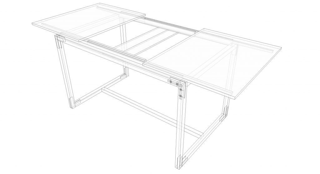 Måttbeställd utdragbar matbord i vitaliserad furu och plywood med mässingsdetaljer.