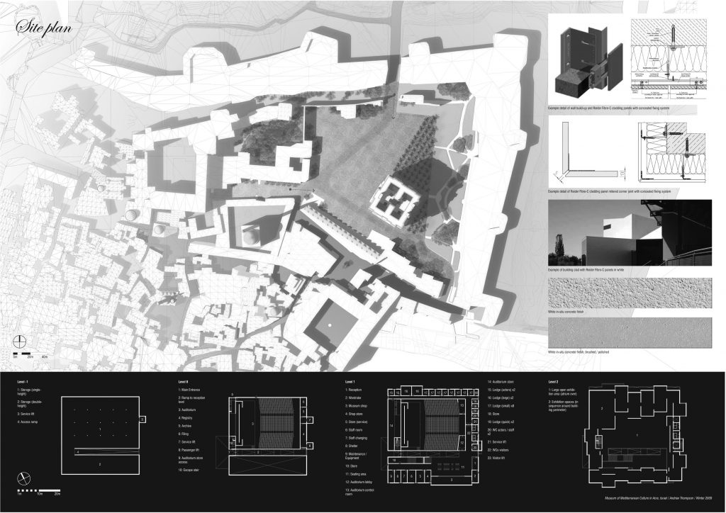 Konceptprojekt för en museum av medelhavskultur i den urgammal staden Akko i Israel. Staden har under århundraden rivits och byggts up igen av successiva härskare, vilket har skapat lager-på-lager av historia. Den massiva ringmuren kontrasterar med den gamla stadens tät och småskalig struktur, med undantag av de största byggnader: moskén och karavanserajen som har i sig en stor innergård omgiven av yttremuren. Museums placering i den stora tomma torget är tänkt som en motvikt till den massiva porten i ringmuren, och gestaltningen drar inspiration från den gamla stadens täthet och textur. Invändigt fortsätter samma tema, med en labyrint-aktig cirkulation i galleriorna, som kan anpassas beroende på utställningens behov. Den stora central hallen är båda en sensorisk upplevelse och en referens till stadens innergårdar. Byggnadens tung energitrög konstruktion drar nytta av den dagliga temperaturvariation vid havet för att minska sin energiförbrukning, framförallt för kylning. Landskapsmässigt har ett palmskog planterats i regelbundet mönster för att ytterligare definiera torget, samt skapa en utomhus miljö med skugga mot den starka solen.