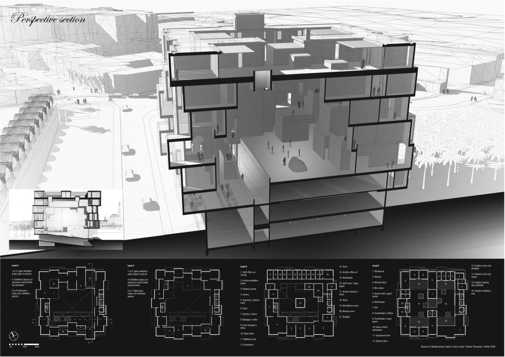 Konceptprojekt för en museum av medelhavskultur i den urgammal staden Akko i Israel. Staden har under århundraden rivits och byggts up igen av successiva härskare, vilket har skapat lager-på-lager av historia. Den massiva ringmuren kontrasterar med den gamla stadens tät och småskalig struktur, med undantag av de största byggnader: moskén och karavanserajen som har i sig en stor innergård omgiven av yttremuren. Museums placering i den stora tomma torget är tänkt som en motvikt till den massiva porten i ringmuren, och gestaltningen drar inspiration från den gamla stadens täthet och textur. Invändigt fortsätter samma tema, med en labyrint-aktig cirkulation i galleriorna, som kan anpassas beroende på utställningens behov. Den stora central hallen är båda en sensorisk upplevelse och en referens till stadens innergårdar. Byggnadens tung energitrög konstruktion drar nytta av den dagliga temperaturvariation vid havet för att minska sin energiförbrukning, framförallt för kylning. Landskapsmässigt har ett palmskog planterats i regelbundet mönster för att ytterligare definiera torget, samt skapa en utomhus miljö med skugga mot den starka solen.