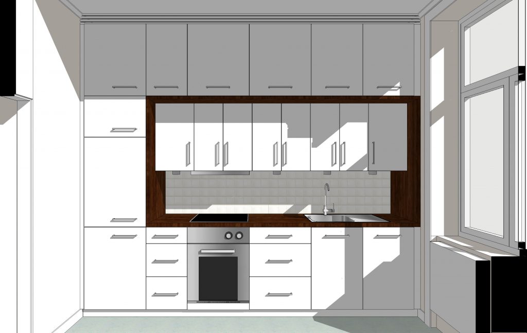 Köksrenovering, Stockholm, 2010. Projektets mål var att skapa ett kök som kändes "special" trots en begränsad budget, och med stor fokus på funktionaliteten. Lägenhetens generös takhöjd utnyttjades för att maximera förvaringsutrymmen, som samtidigt förstärker fokus på arbetszonen som är indragen och inramad av en karm av Akaju trä. Standard köksmoduler och fronter användes för att hålla ner kostnader. Golvet är i ljusgrå linoleum.